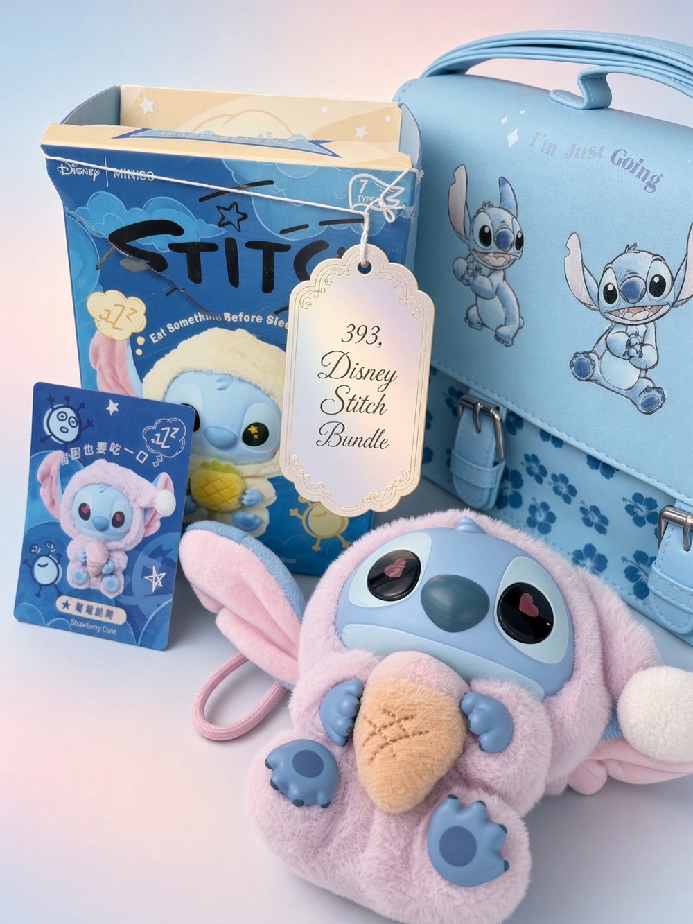 393, Disney Stitch Plush Doll Confirm Strawberry Cone,with Card and Bag Bundle.